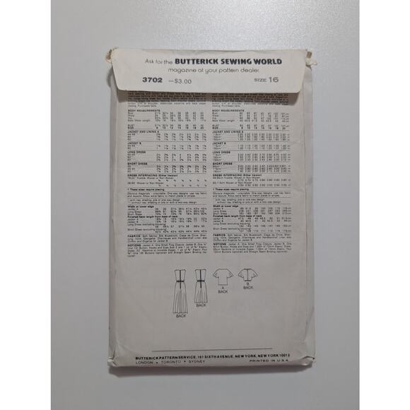 3702 Butterick Vintage Flutter Dress Shirt Jacket Pattern 1970's Size 16 - Picture 2 of 3